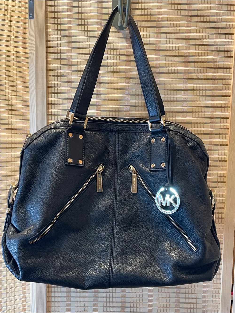 Michael Kors Black Pebbled Leather Shoulder Bag with MK Charm